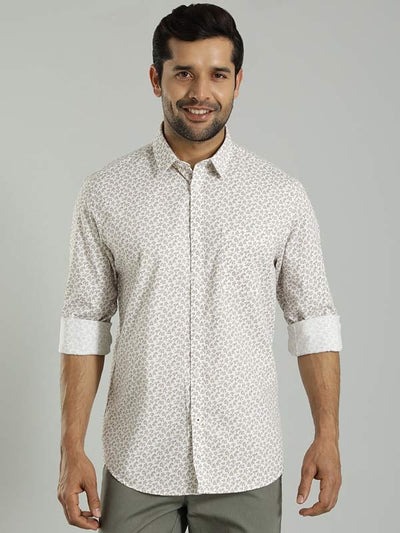 Indian Terrain Men's Regular Fit Full Sleeve Floral Print Off White Shirt